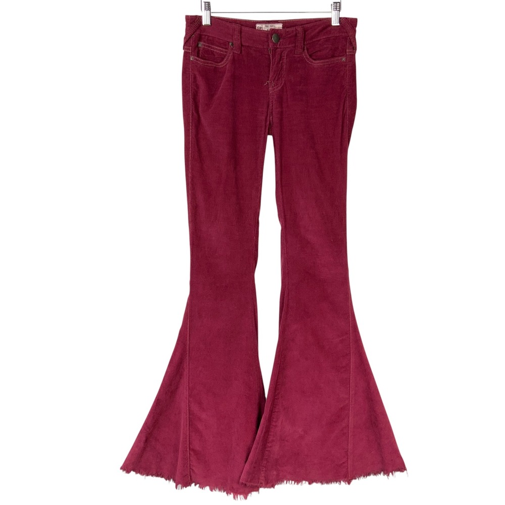 Free People Berry Red Corduroy Flare Pants 25 Button Zip Low Rise Raw Hem Flare